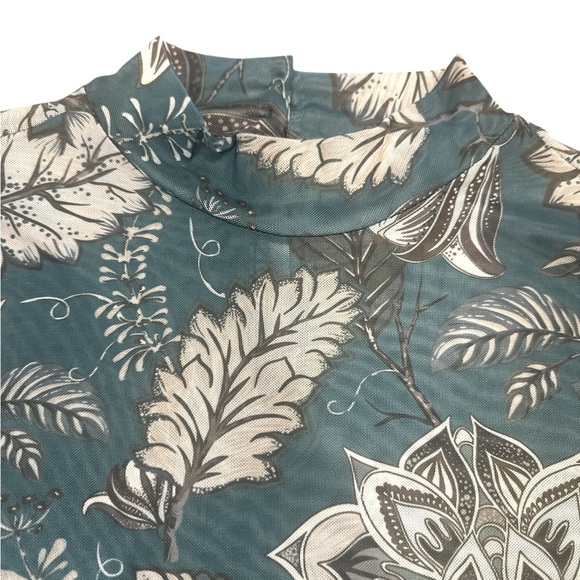 Blue B Mesh Top Size L Teal Long Sleeve Mock Neck Back Keyhole Button Closure - Picture 3 of 12